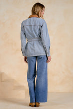 Load image into Gallery viewer, Denim Camel Belted Collared Jacket