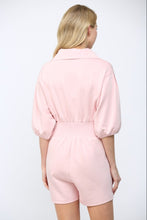Load image into Gallery viewer, Scuba Soft Frnt Zip Smocked Waist Romper Pastel Pink