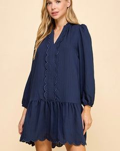 Navy LS Scallop Detail Dress