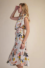 Load image into Gallery viewer, Ivory Floral Cowl Neck Tie Waist Midi Dress