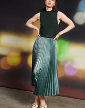 Load image into Gallery viewer, Astro Green Pleated Contrast Mock Neck Dress