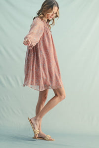 Neutral Floral LS Drop Shoulder Dress