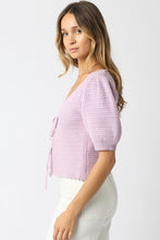 Load image into Gallery viewer, Tie Frnt Puff Slv Knit Top Lavender