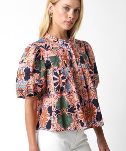 Deep Blush Multi Floral Puff Slv Top