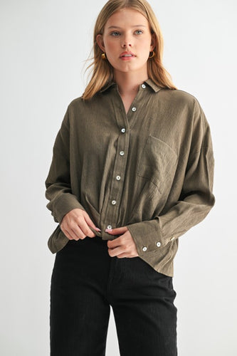 Slate Texture Twist Hem Button Down Top