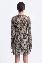 Load image into Gallery viewer, Olive/Black Printed Mock Neck Bell Slv Dress