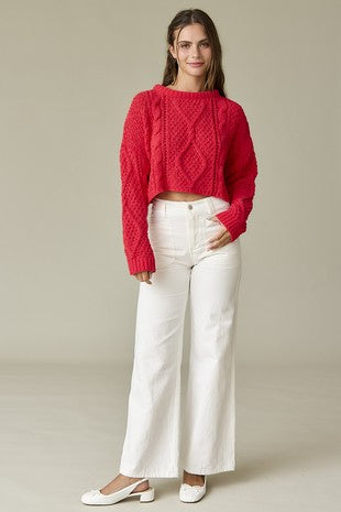 Red Cropped Cable Knit Sweater