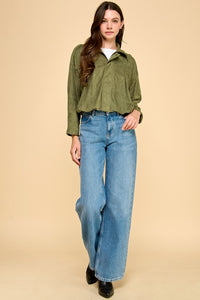 Olive Suede Zip Up Bomber Jacket