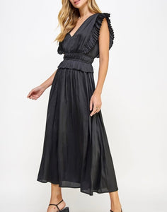 Black Pleated Long Satin Dress