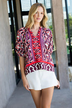Load image into Gallery viewer, Brown/Red/Pink Print V-Neck Puff Slv Top (THML)