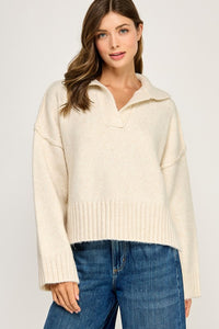 Beige polo collar soft sweater