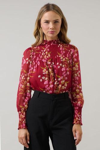 Floral Deep Red Smocked Front Top