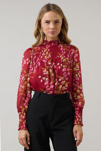 Floral Deep Red Smocked Front Top