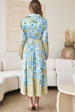 Load image into Gallery viewer, Light Olive/Blue Floral Pleated Collared Midi Dress