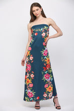 Load image into Gallery viewer, Navy Floral Border Strapless Maxi Dress