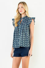 Load image into Gallery viewer, Navy Floral Button Down Flutter Slv Top (THML)