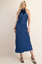 Load image into Gallery viewer, Prettiest Blue Satin Halter Open Back Dress