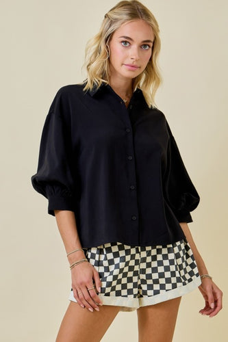 Button Down Collared 3/4 Puff Slv Top Black