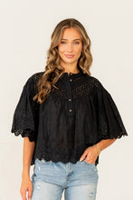 Load image into Gallery viewer, Navy Embroidered Eyelet Top