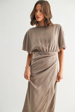 Load image into Gallery viewer, Mocha Satin Wrap Detail Midi Dress