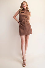 Load image into Gallery viewer, Chocolate Suede Mock Neck Asymmetric Hem Top