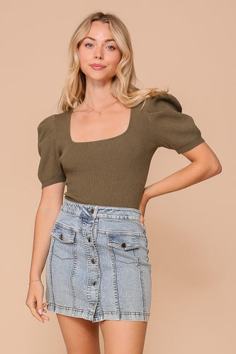 Olive Ribbed Square Neck Puff Slv Top