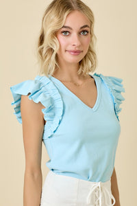 Light Blue Ribbed Ruffle Sleeve V Neck Top