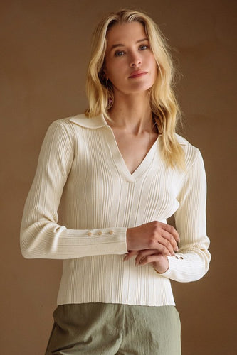 Cream Ribbed Knit Collared Shirt