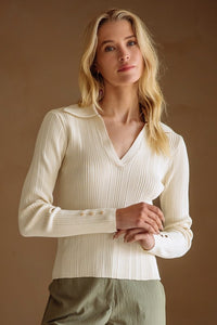 Cream Ribbed Knit Collared Shirt