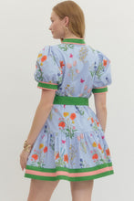 Load image into Gallery viewer, Blue Multi Floral Puff Slv Waist Belt Dress