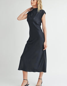 Black Satin Mock Neck Shirring Long Dress