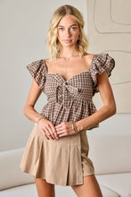Load image into Gallery viewer, Brown Plaid Gingham Bow Frnt Ruffle Top