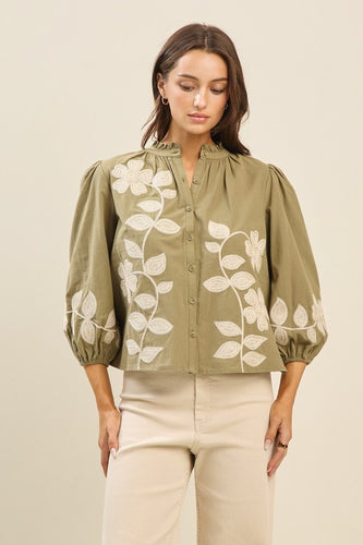 Lt. Olive Embroidered Button Down Top