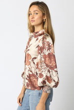 Load image into Gallery viewer, Brown/Cream Floral Puff Slv Blouse