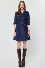 Load image into Gallery viewer, Navy Eyelet Roll-Up Slv Dress w/ Belt
