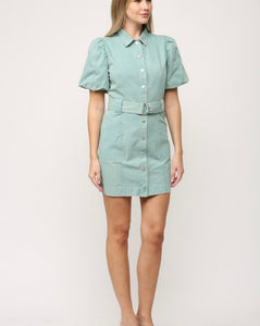 Mint Denim Button Puff Slv Dress