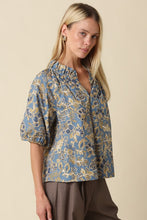 Load image into Gallery viewer, Blue/Gold Floral Puff Slv Blouse