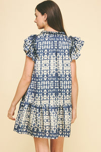 Dusty Navy Printed Ruffled Slv Dress