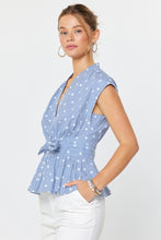 Load image into Gallery viewer, Blue/White Polka Dot Frnt Bow Tie Top