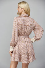 Load image into Gallery viewer, Beige Geo Print LS Satin Tie Waist Shirt Dress