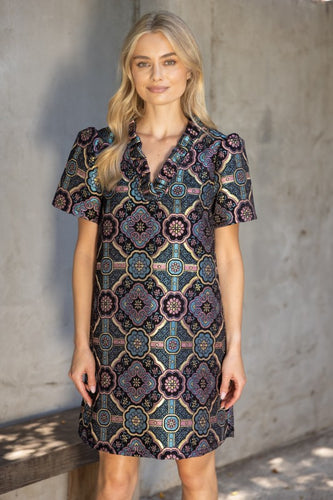 Multi V-Neck Mandala Jaquard Dress