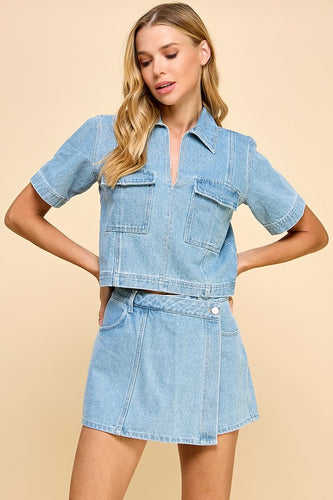 Denim Split Neck Cropped Top