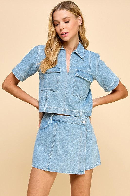 Denim Split Neck Cropped Top