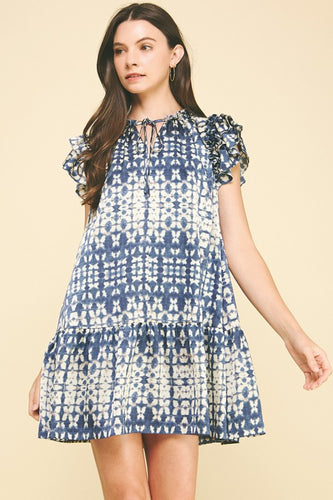 Dusty Navy Printed Ruffled Slv Dress