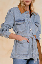 Load image into Gallery viewer, Denim Camel Belted Collared Jacket