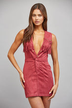 Load image into Gallery viewer, Maroon Suede Fringe Trimmed Fitted Dress