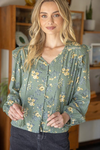 Sage Tassel LS Printed Blouse