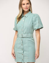 Load image into Gallery viewer, Mint Denim Button Puff Slv Dress