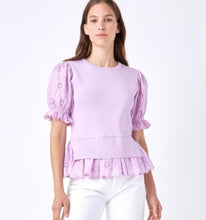 Load image into Gallery viewer, Lilac Eyelet Mixed Media Knit Top