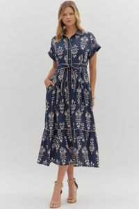 Navy Printed Button Down Tie Waist Dress
